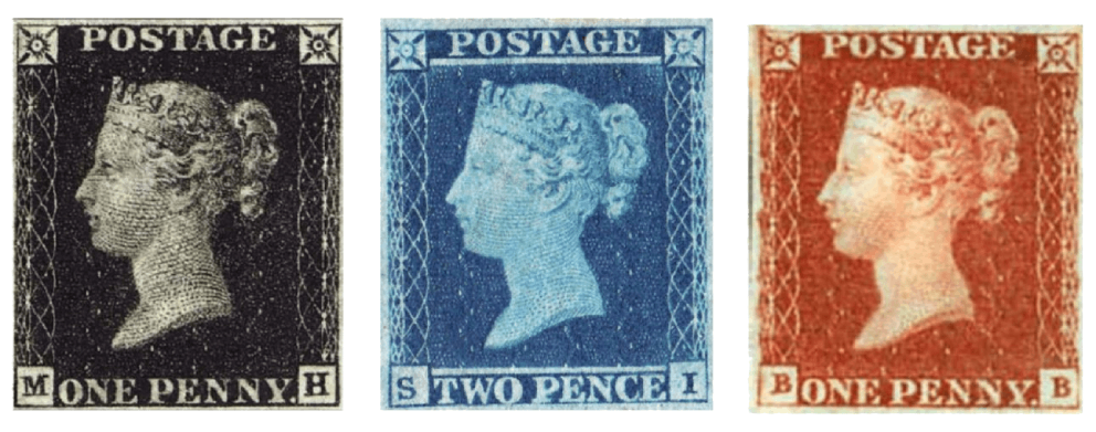 První poštovní známka světa Penny Black (vlevo) První poštovní známka světa Penny Black (vlevo)