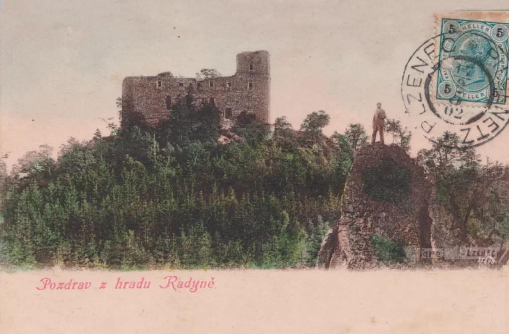 Pohlednice hradu Radyně s razítkem s nápisem Plzenec, německy Pilsenetz
