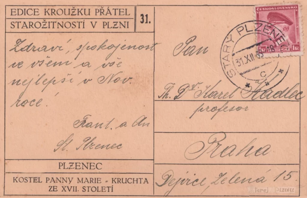 Historická pohlednice z rubové strany s razítkem Starý Plzenec a známkou TGM