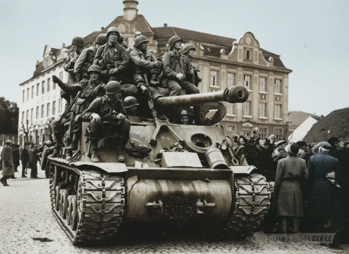 Osvobození ve Starém Plzenci na náměstí s tankem před školou Osvobození ve Starém Plzenci na náměstí s tankem před školou